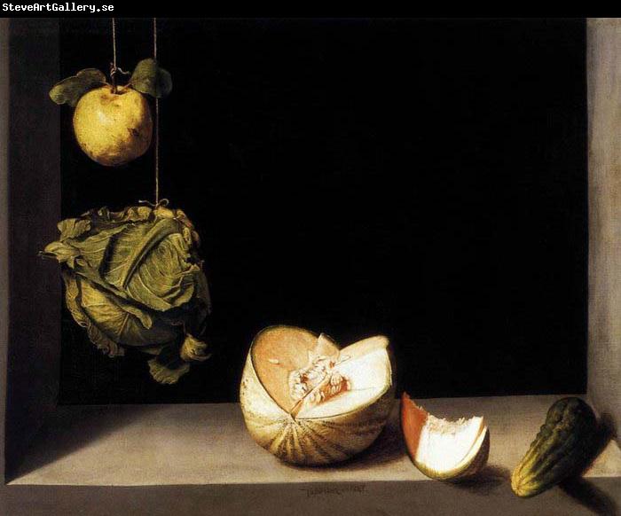 SANCHEZ COELLO, Alonso Still-life with Quince, Cabbage, Melon and Cucumber